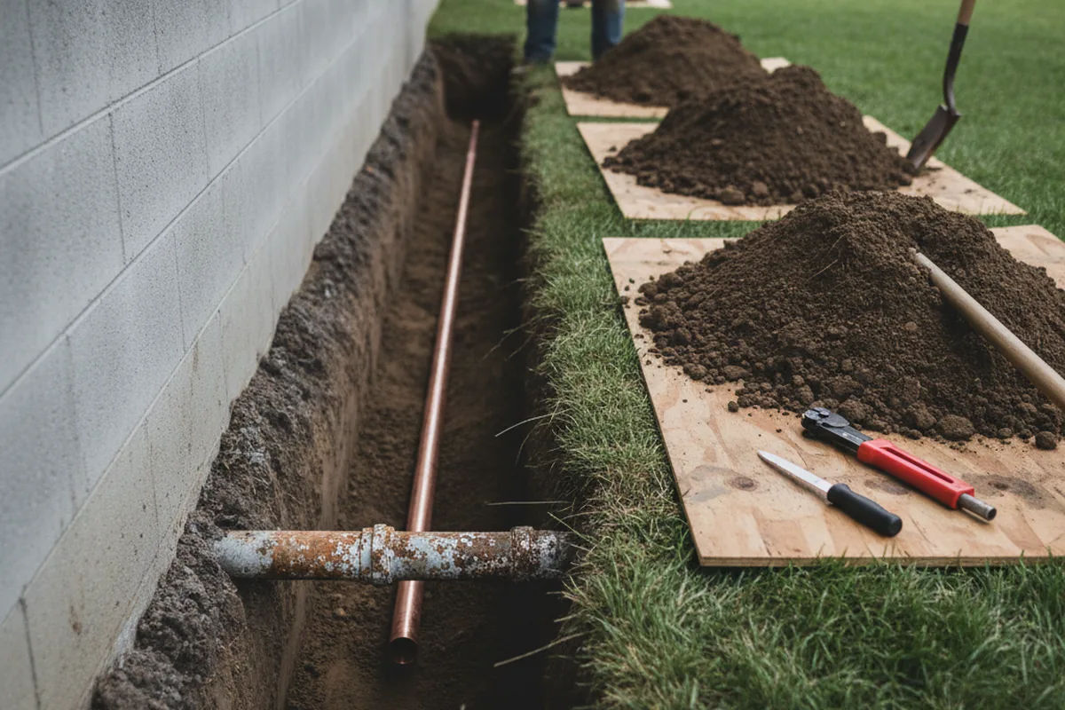 Excavated water line trench during Water Heater Repair in Edelstein